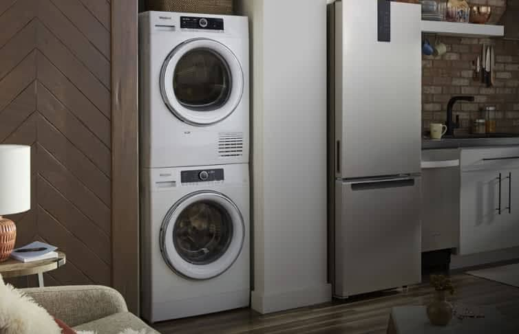 A stacked Whirlpool® Washer and Dryer in a closet