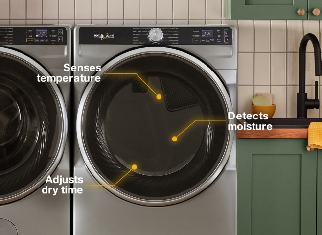 A Whirlpool® dryer with AI Intelligent Dry descriptions.