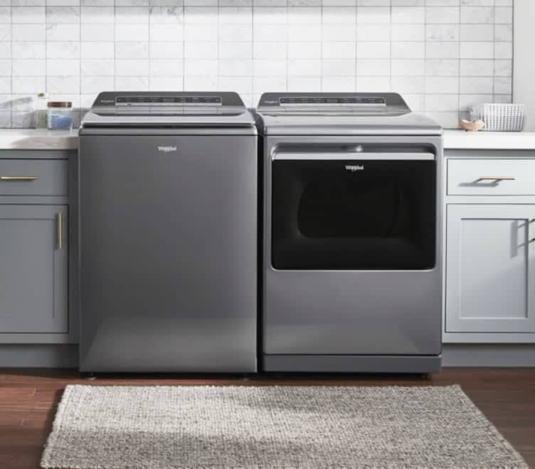 A Whirlpool® Top Load Washer and Dryer Pair