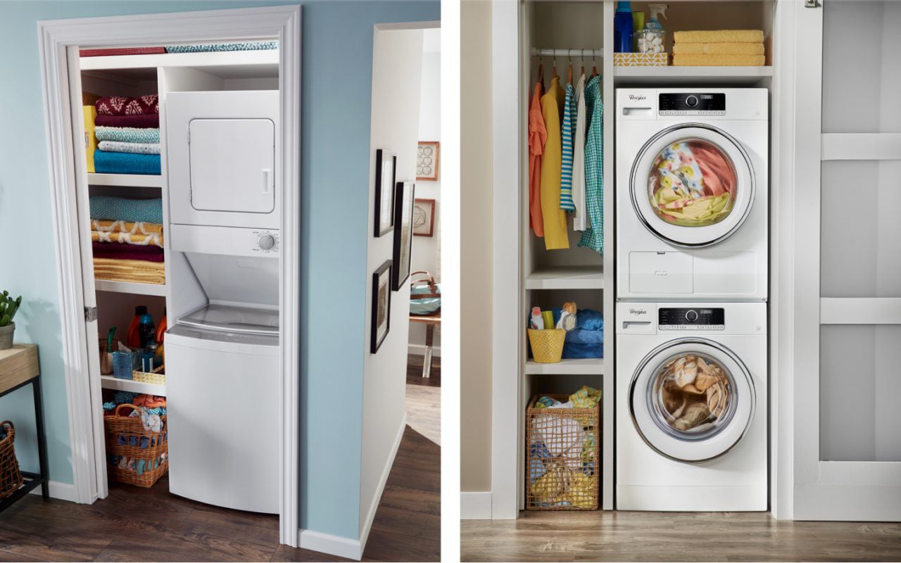 A stacked Whirlpool top load laundry set on the left, a stackable Whirlpool front load laundry set on the right.