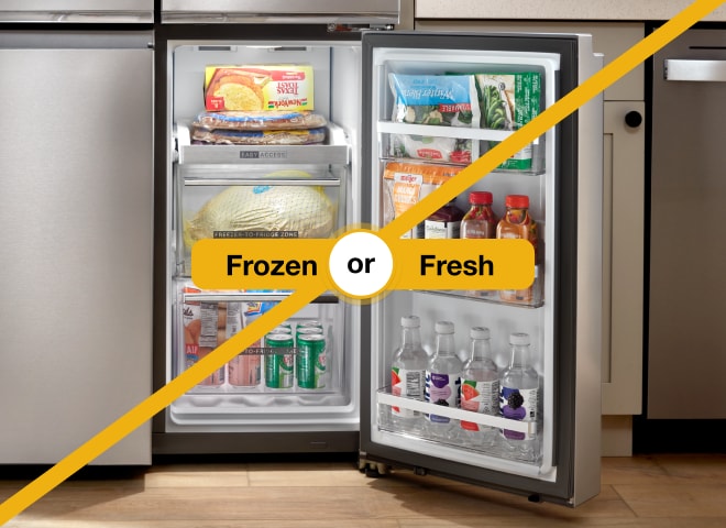 Refrigerator with Frozen or Fresh text over it