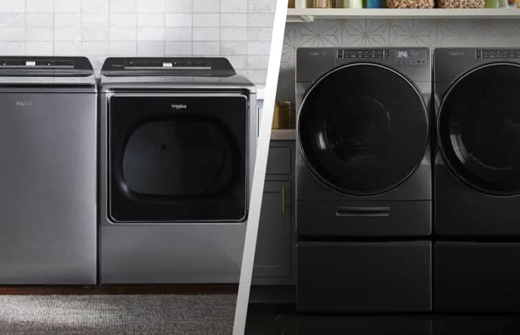 An image comparing Whirlpool® Top Load and Front Load Laundry Sets