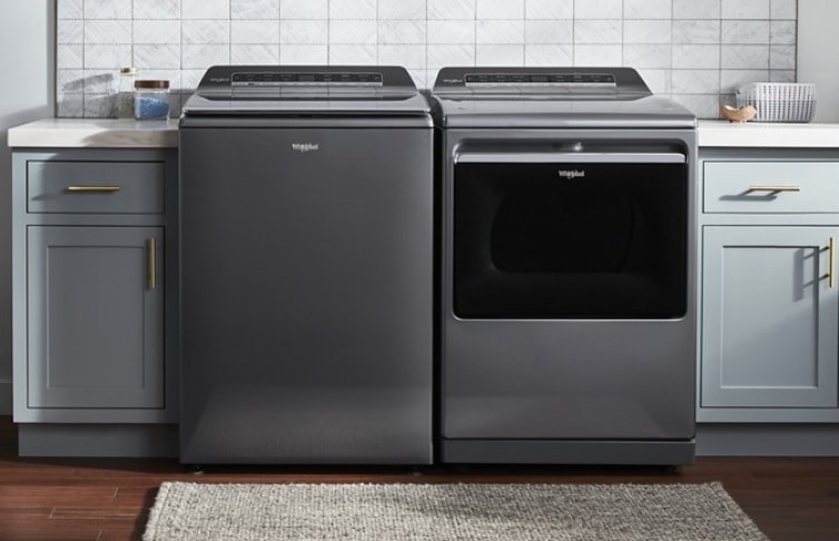 A Whirlpool® Smart Washer & Dryer Set with a Chrome Shadow Finish