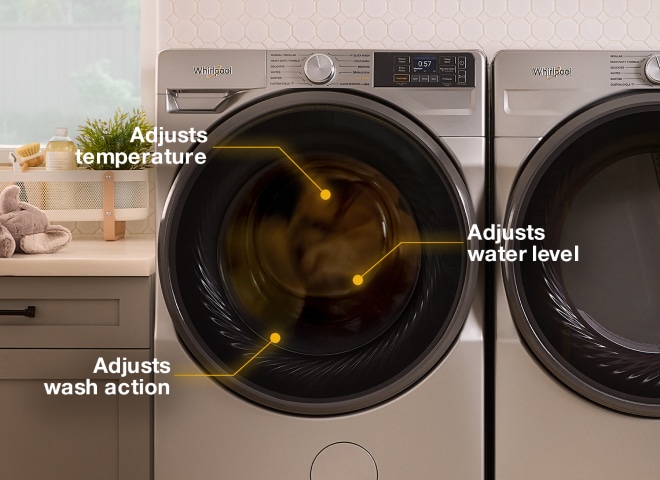 The inside of a Whirlpool® Front Load Washer with AI Intelligent Wash