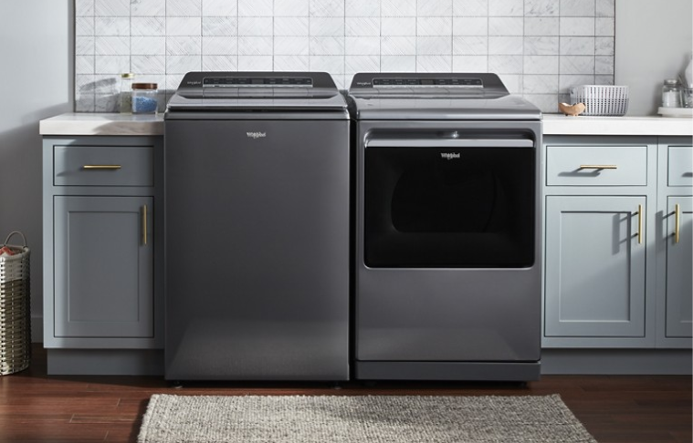 A Whirlpool® Smart Washer & Dryer Set with a Chrome Shadow Finish