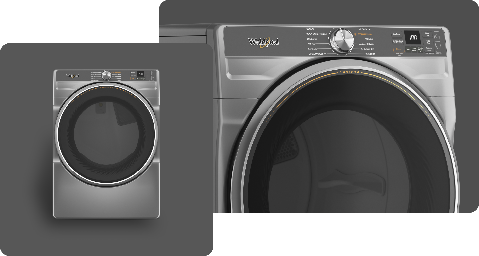 A Whirlpool® Dryer with a Radiant Silver finish