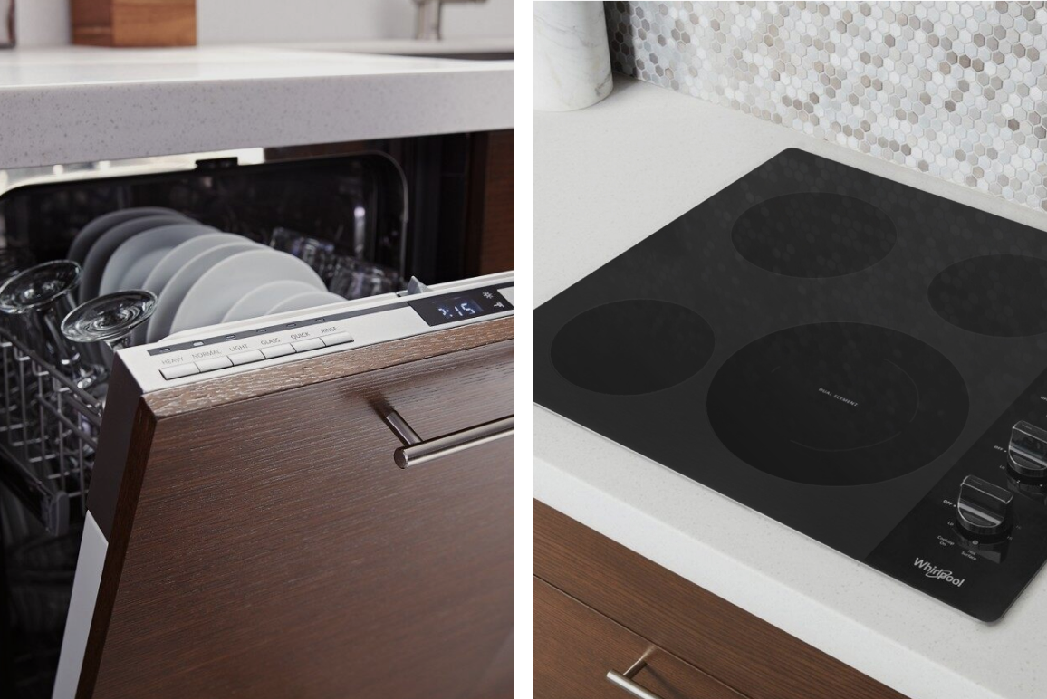 A Whirlpool® small space dishwasher and small space cooktop