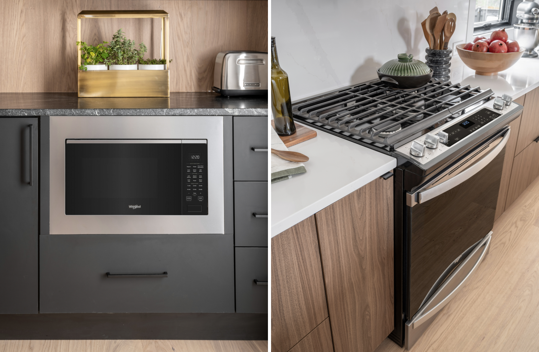 Whirlpool® Smart Slide-In Gas Range and microwave in a modern kitchen