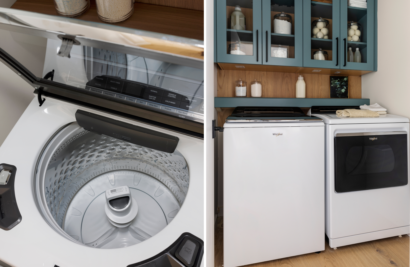 White Whirlpool® Washer and a matching Smart Laundry pair in a modern home