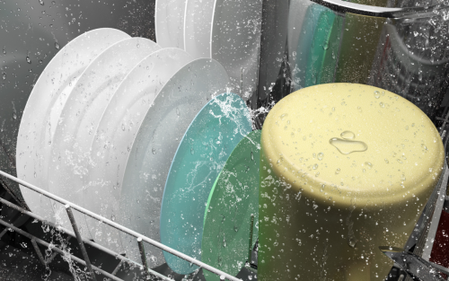 Dishes in a Whirlpool brand dishwasher