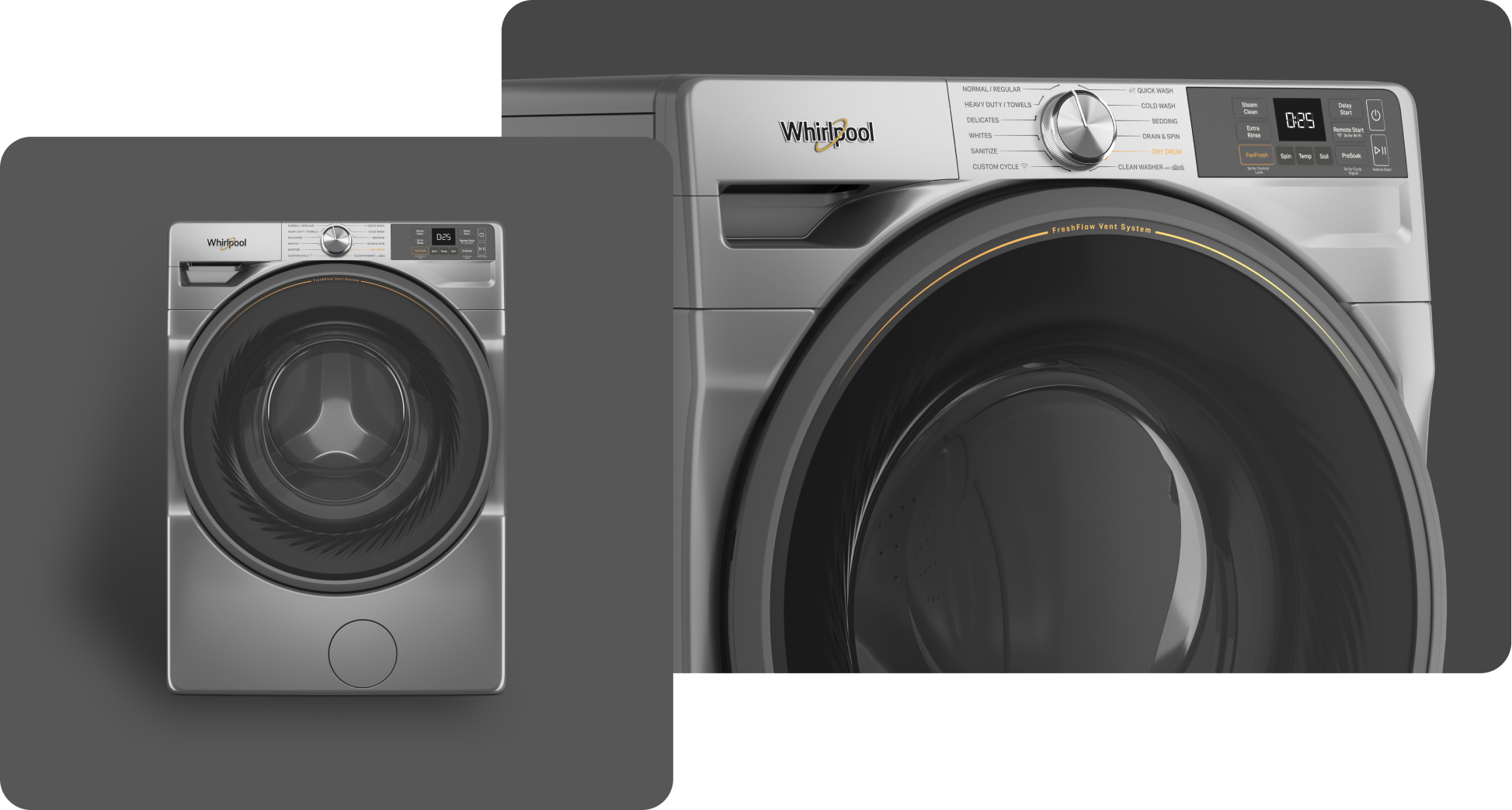 A Whirlpool® Washing Machine with a Radiant Silver finish