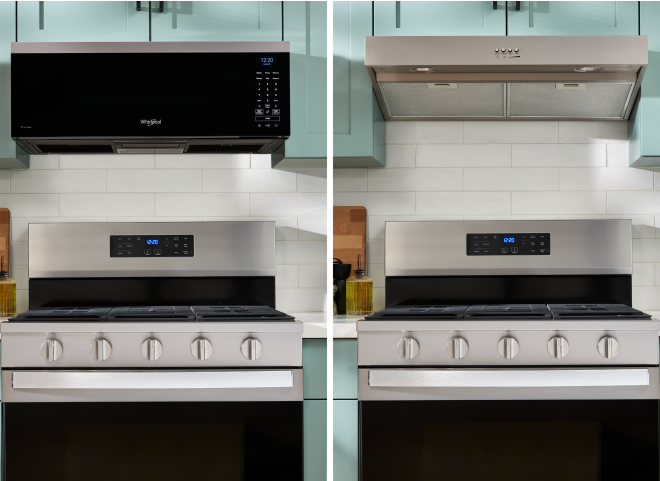 A side-by-side image of a Whirlpool® Low Profile microwave above a Whirlpool® range and a Whirlpool® range with a range hood