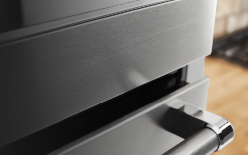 A closeup of a Whirlpool® oven bottom drawer.